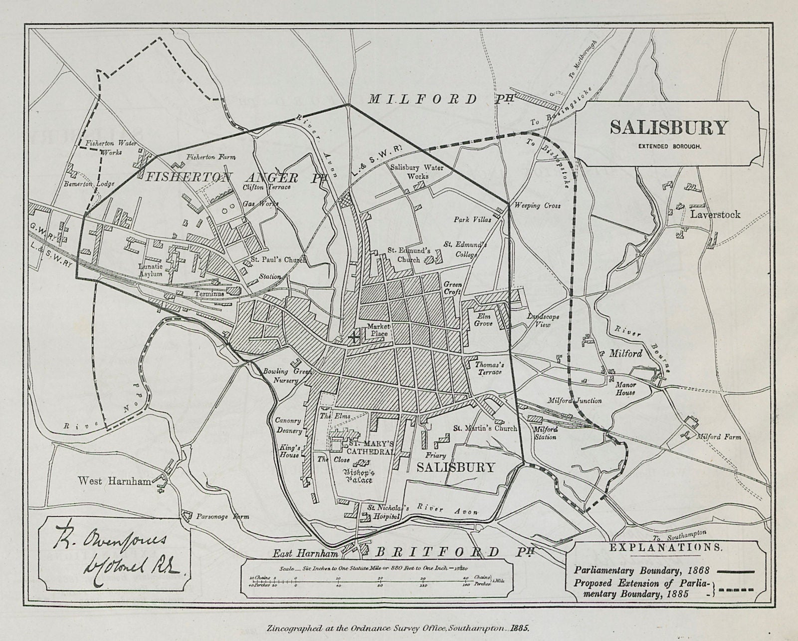 Salisbury Parliamentary Borough. Fisherton Anger. BOUNDARY COMMISSION 1885 map